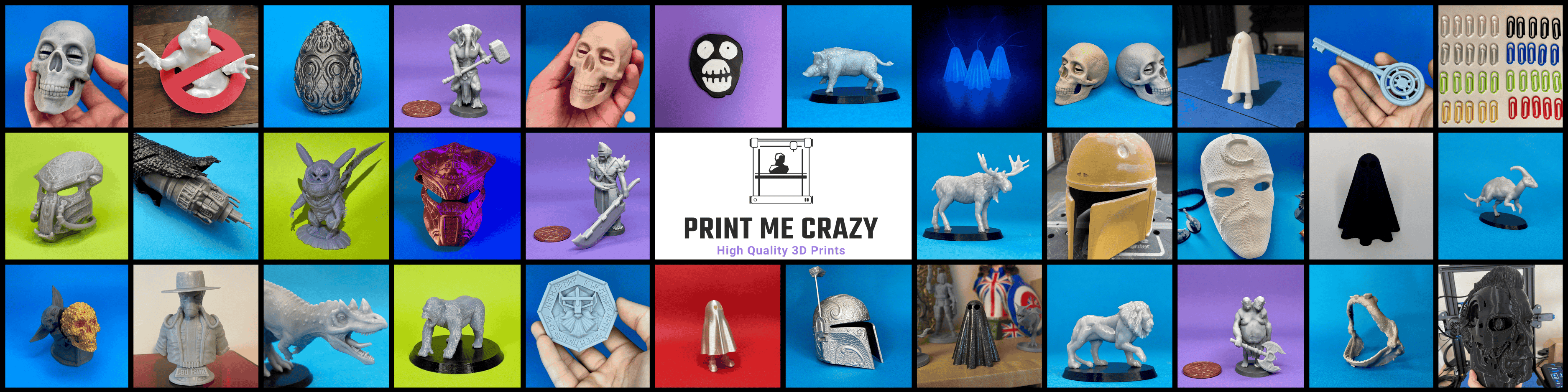 Collage showing 36 different 3D prints we've printed.