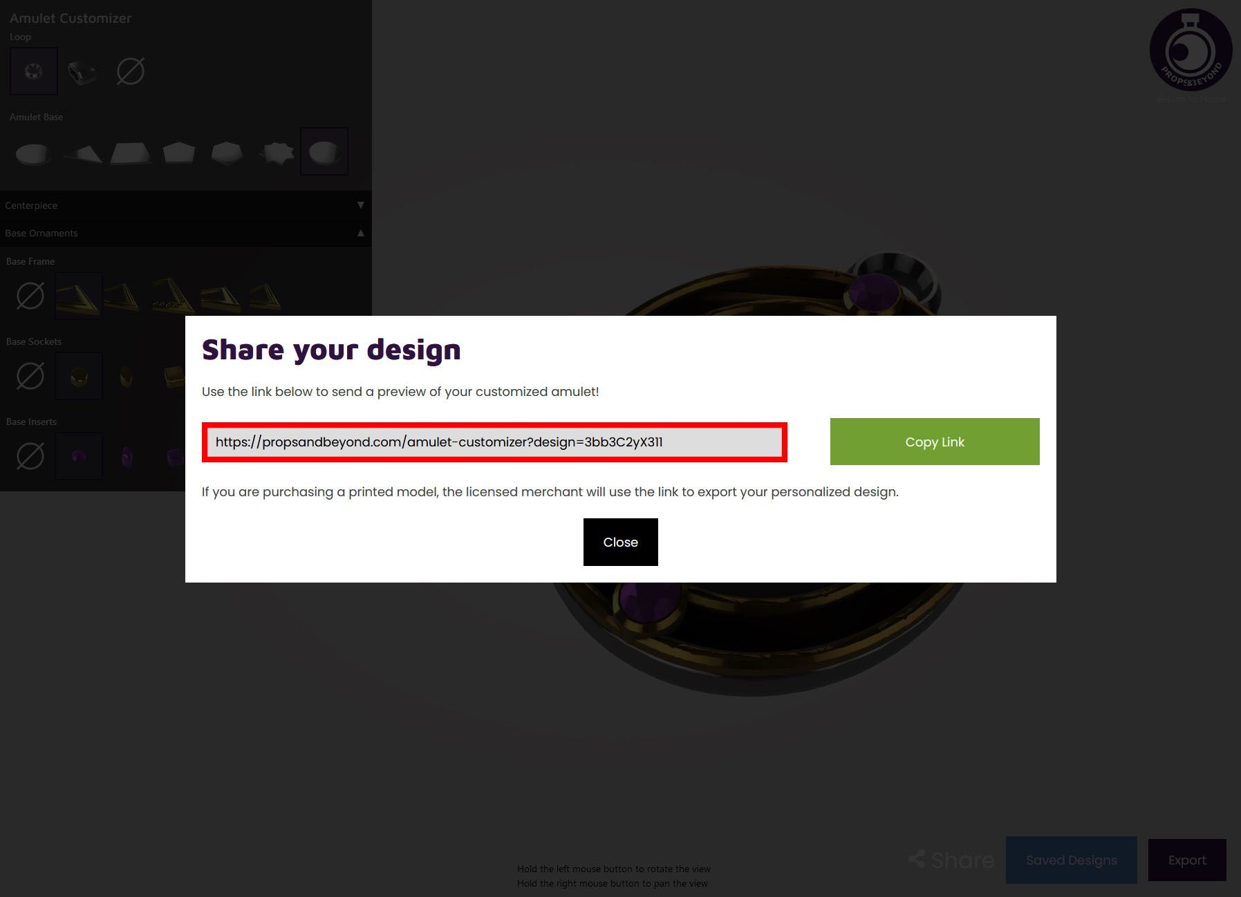 Amulet Customizer by Props & Beyond. Share your design link highlighted