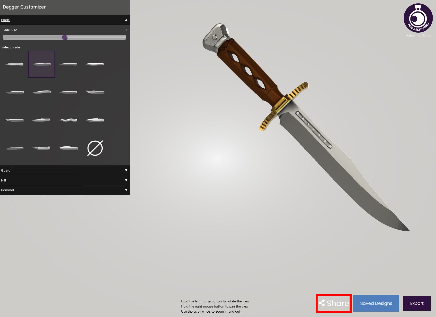 Dagger Customizer by Props & Beyond, Share button on bottom right highlighted