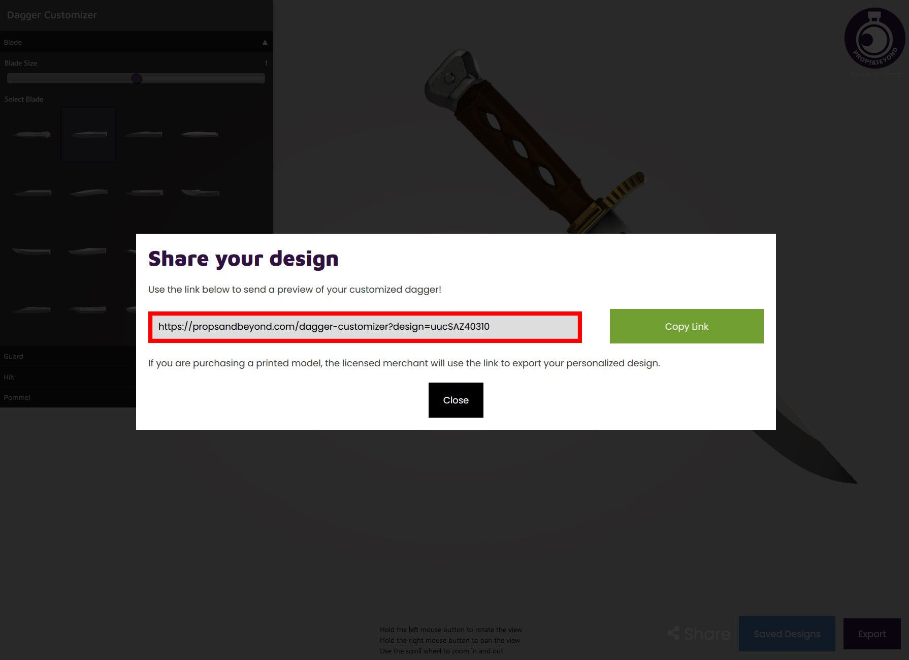 Dagger Customizer by Props & Beyond, Share your design link highlighted