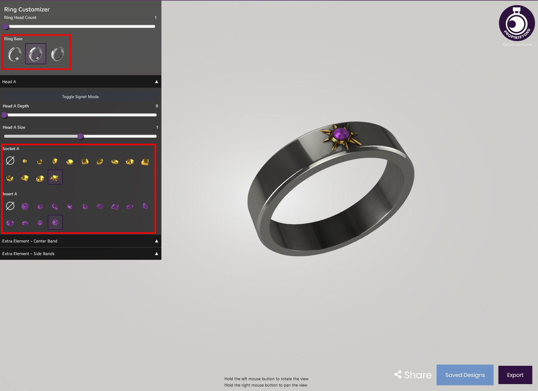 Ring Customizer by Props & Beyond, Options section on left highlighted