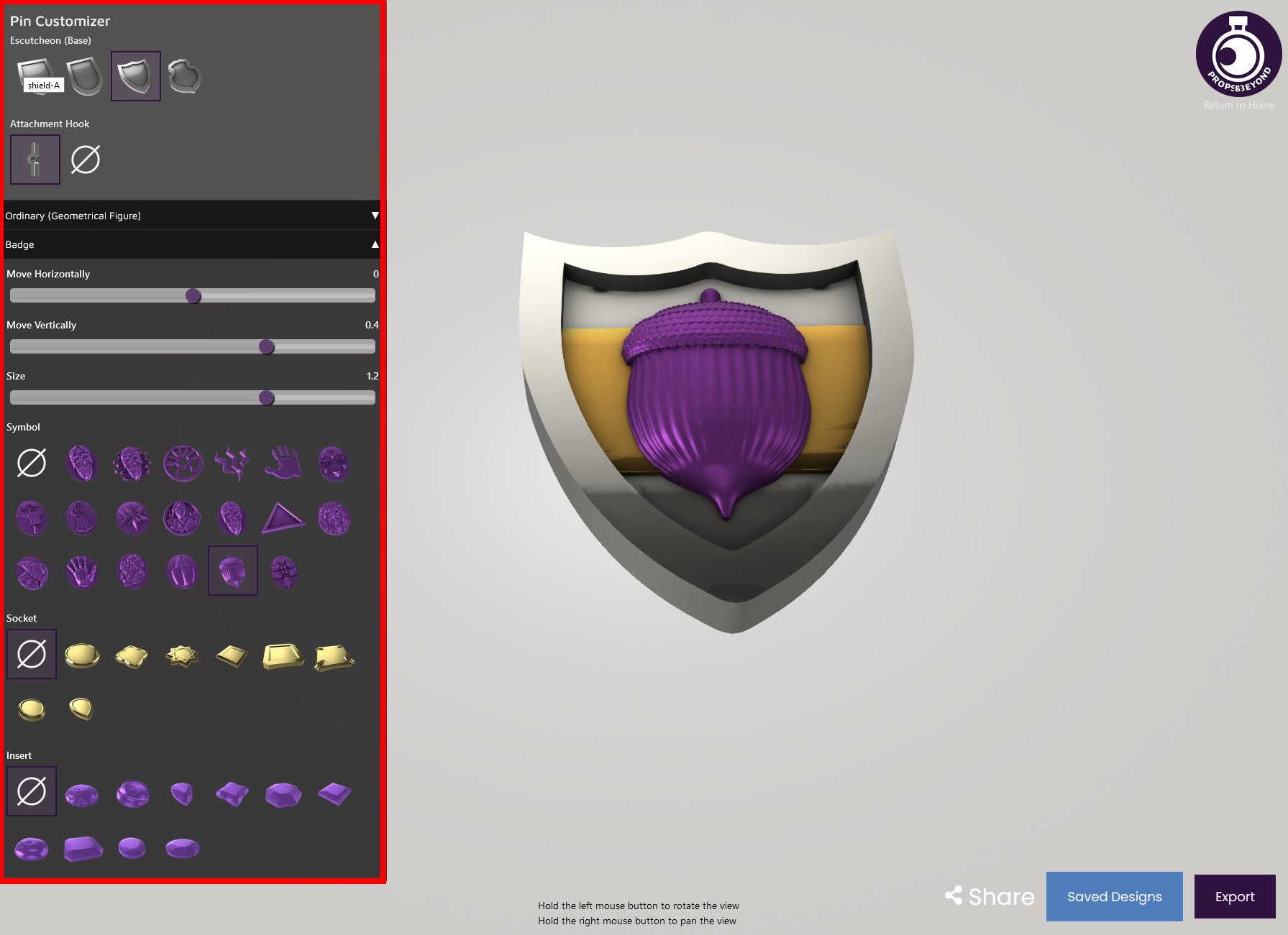 Pin Customizer by Props & Beyond, Options section on the left highlighted